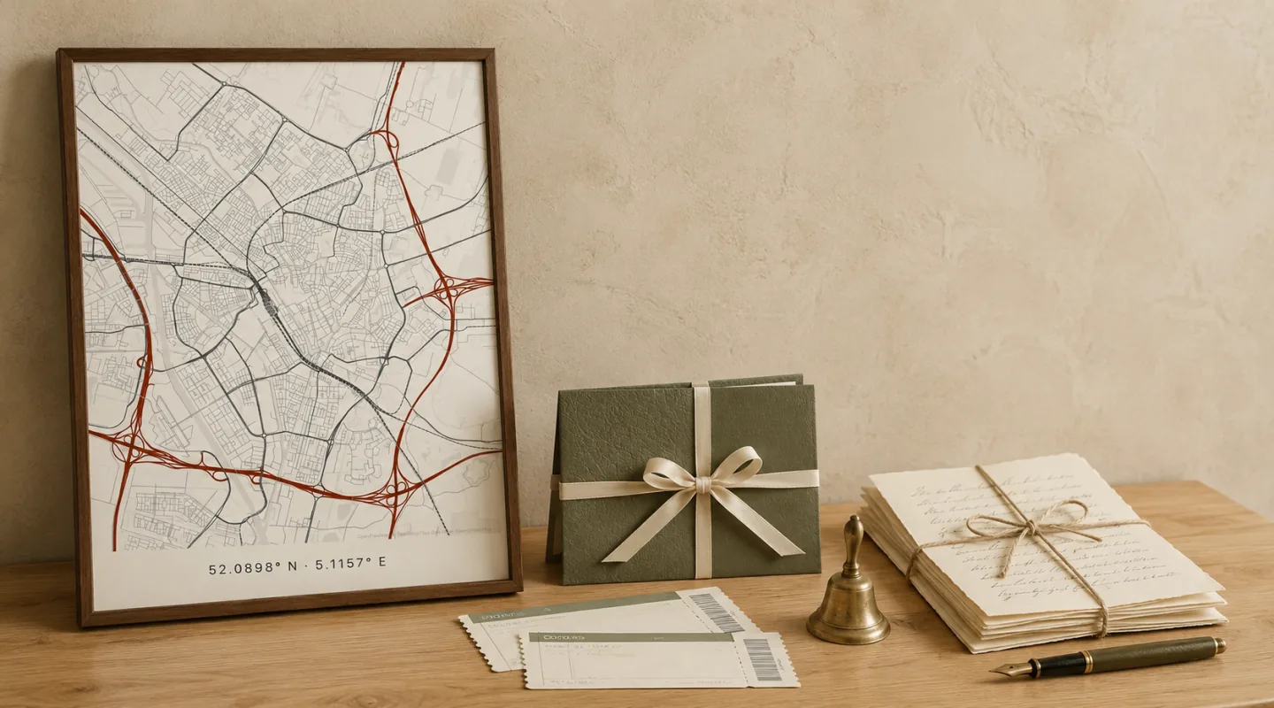 Drie cadeau-categorieën naast elkaar: een ingelijste stadskaart, een ervaring-voucher en een handgeschreven brief
