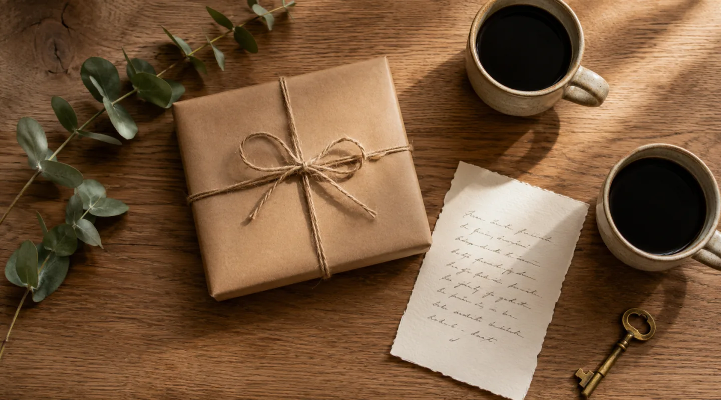 Persoonlijk cadeau op een houten tafel, ingepakt in kraftpapier met natuurlijk touw
