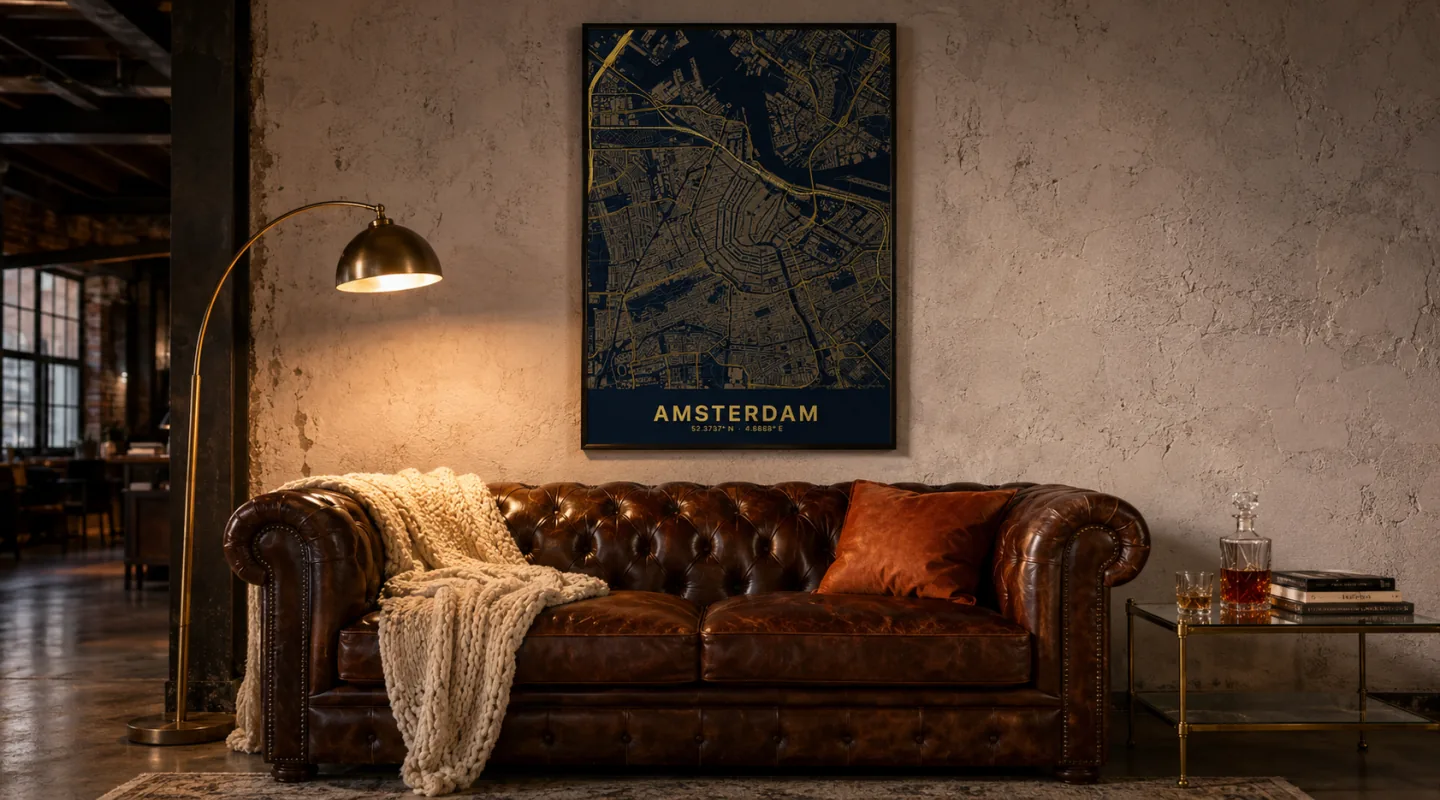 Kaartposter aan de muur boven een houten dressoir in een woonkamer met vintage details