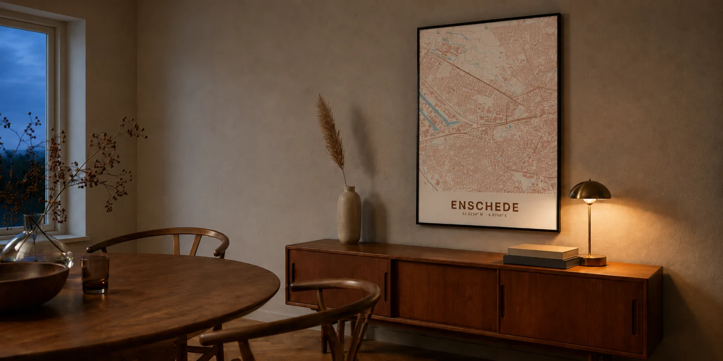 Ingelijste kaartposter van een Nederlandse stad boven een houten dressoir in een eetkamer met avondlicht