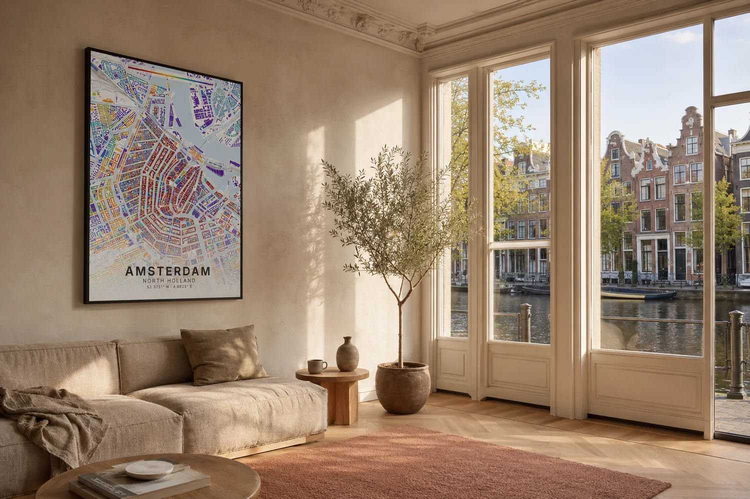 Tijdlaag poster van Amsterdam in een woonkamer